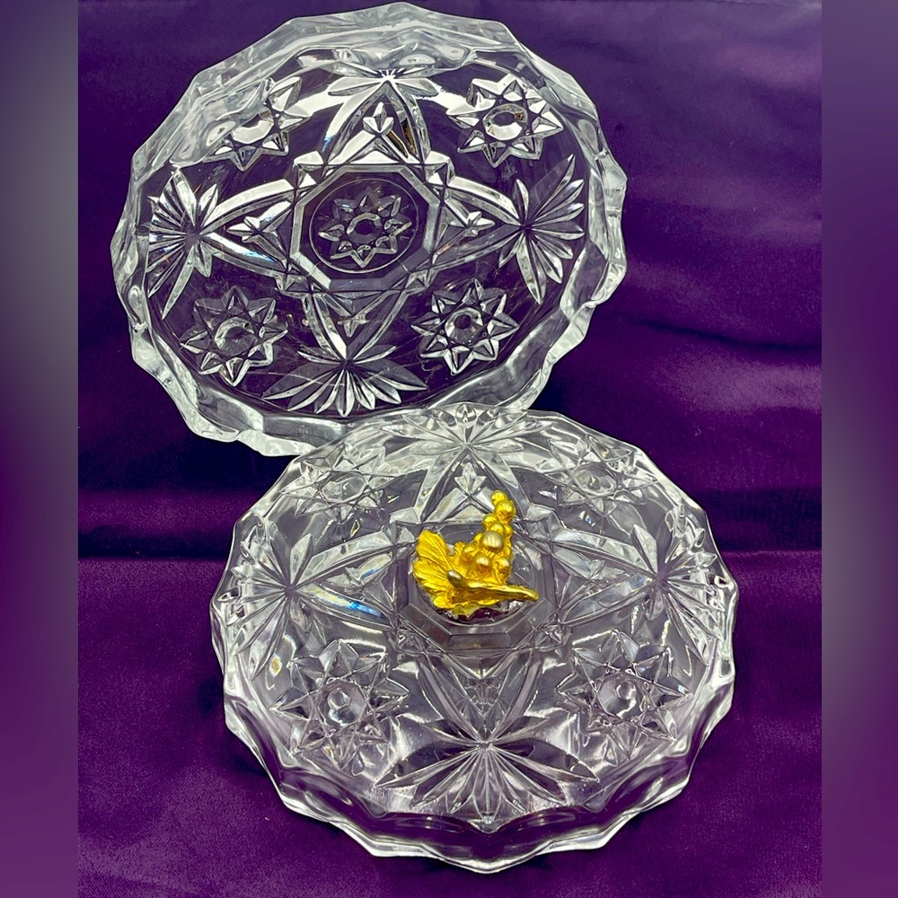 Anchor Hocking “Prescut” Crystal Trinket Box w/ Brass Grape Cluster Accent Lid - Picture 16 of 16